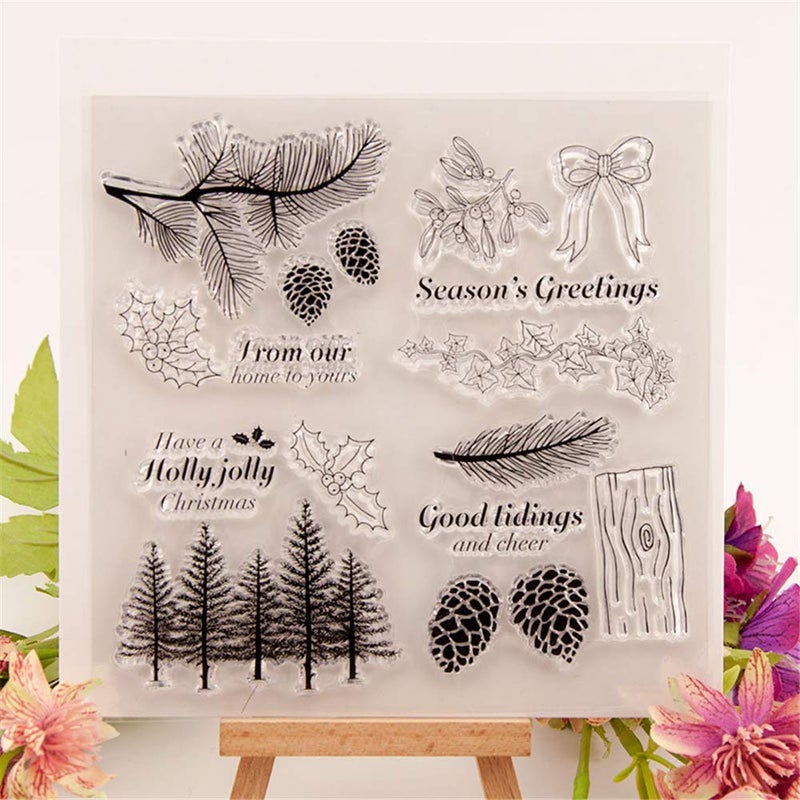 LZBRDY Winter Trees Branch Leaves Pine Cones Bow Clear Rubber Stamps for Card Making and Scrapbooking Christmas Wishes Words Silicone Stamps - Image 2